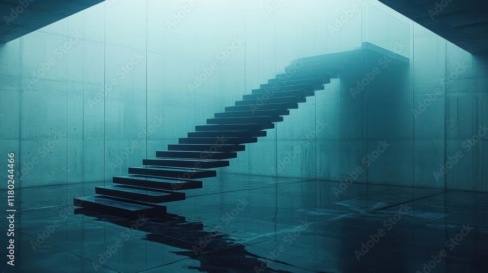 Foggy steps rise in a dark, wet concrete chamber. Foggy steps rise in a dark, wet concrete chamber.