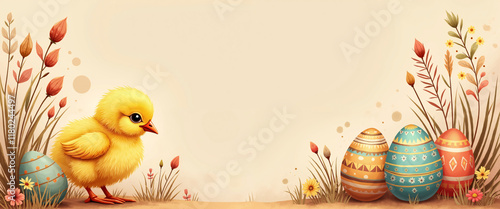 Boho Easter illustration featuring a fluffy baby chick, pampas grass, wildflowers, and tribal-patterned eggs in muted pastels, set against a warm sandy beige background