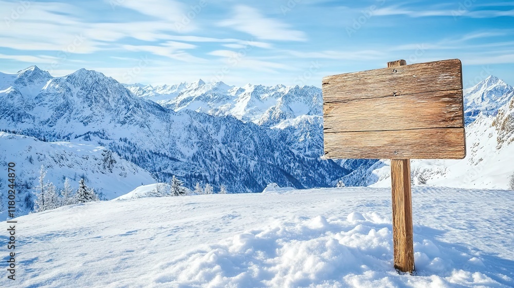 Fototapeta premium A wooden sign on a snowy mountain with a beautiful winter landscape in the background.