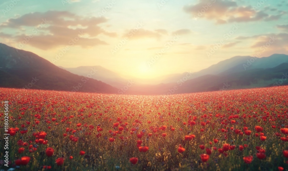 Beautiful view of a large poppy field captured in the sunset Beautiful view of a large poppy field captured in the sunset