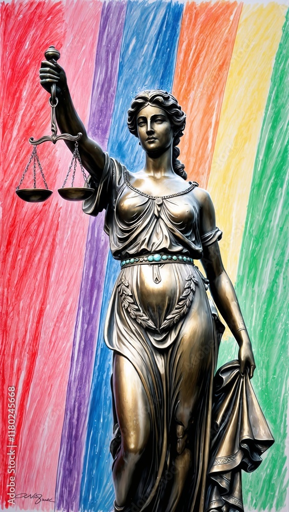 Goddess Themis with Scales of Justice on LGBTQ Pride Rainbow Gender Equality Rights Law Judgement Advocacy Sketch Backdrop Goddess Themis with Scales of Justice on LGBTQ Pride Rainbow Gender Equality Rights Law Judgement Advocacy Sketch Backdrop