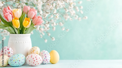 Minimalist composition of easter dining room interior with copy space, vase with tulips, colorful eggs, blue wall