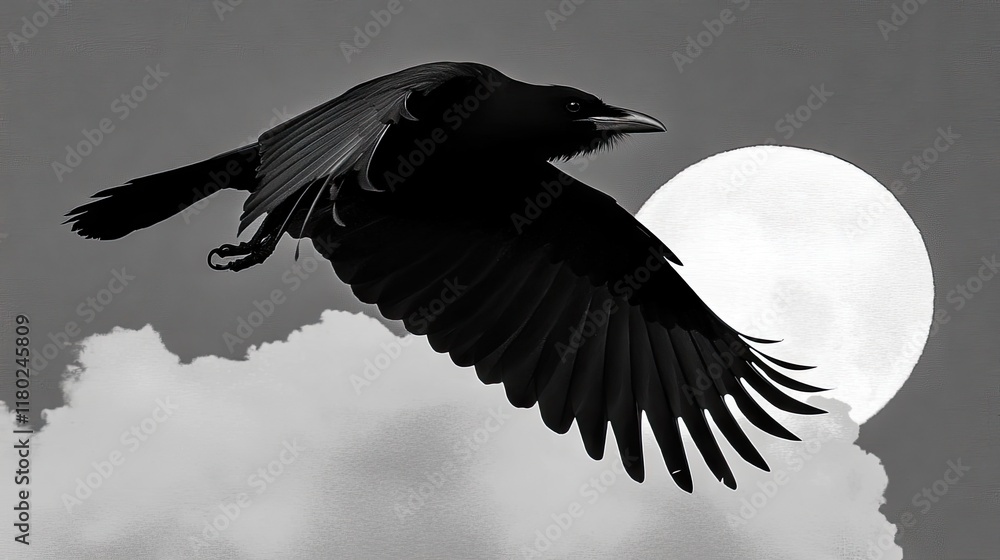 Obraz premium Raven in flight, moonlit sky.