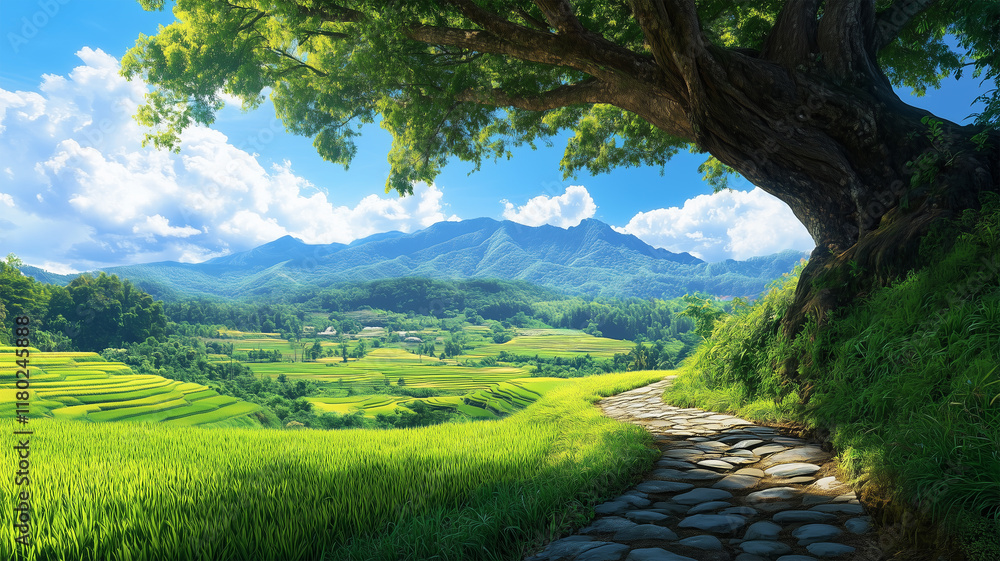 Obraz premium 田舎の風景と大きな木と山々