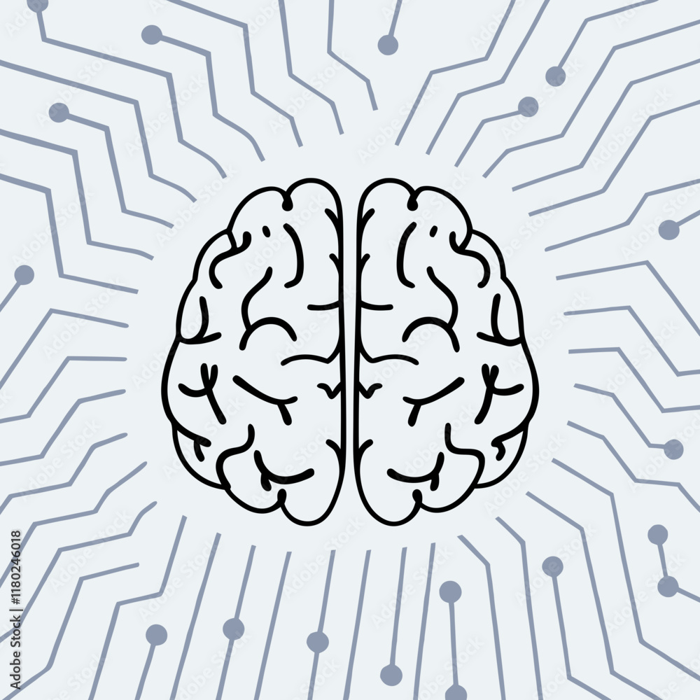 Illustration of a brain with circuit patterns for technology and intelligence themes