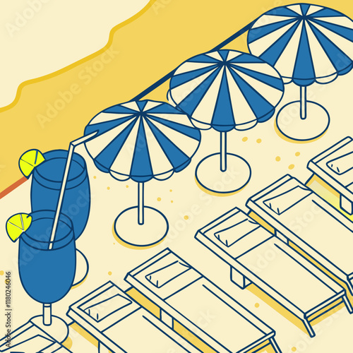 Beach illustration featuring sun loungers, umbrellas, and drinks for summer vibes
