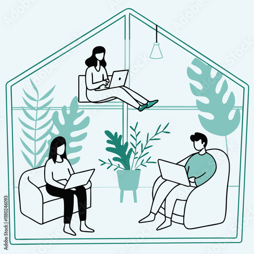 Remote work illustration featuring people using laptops in a cozy home environment
