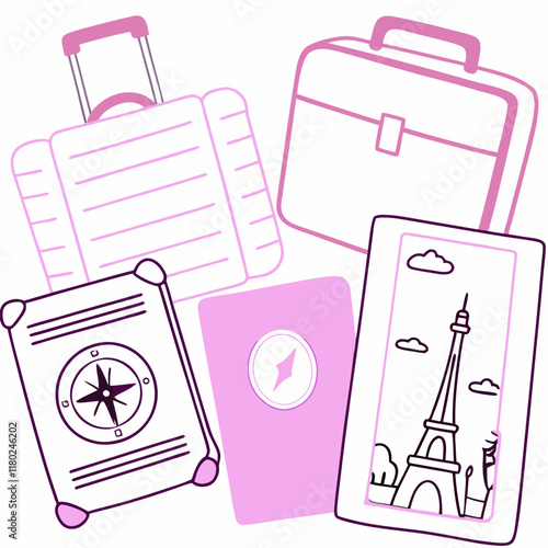 Travel illustration featuring luggage, a compass, and landmarks for adventure themes