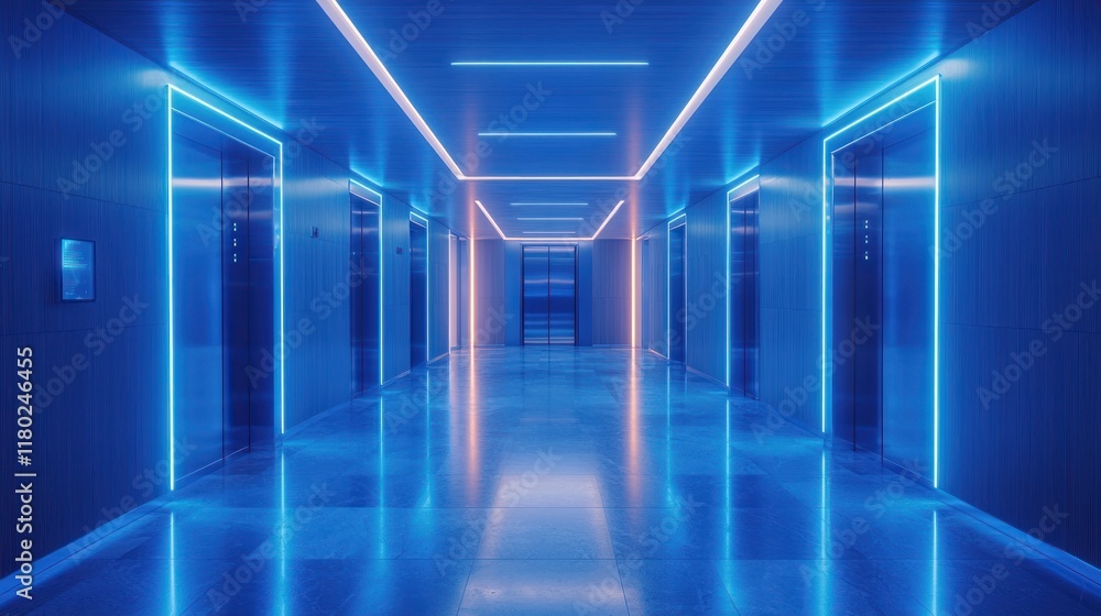 Futuristic hallway with glowing blue neon lights and elevators. Futuristic hallway with glowing blue neon lights and elevators.