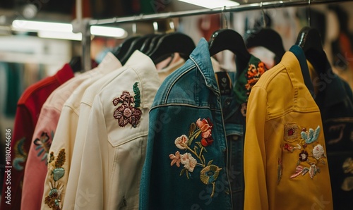 Second-hand denim jackets on display photo