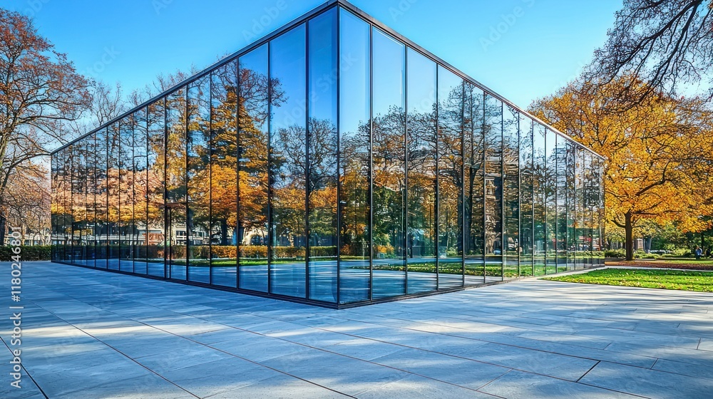 Obraz premium Glass building reflects autumn trees on a sunny day.