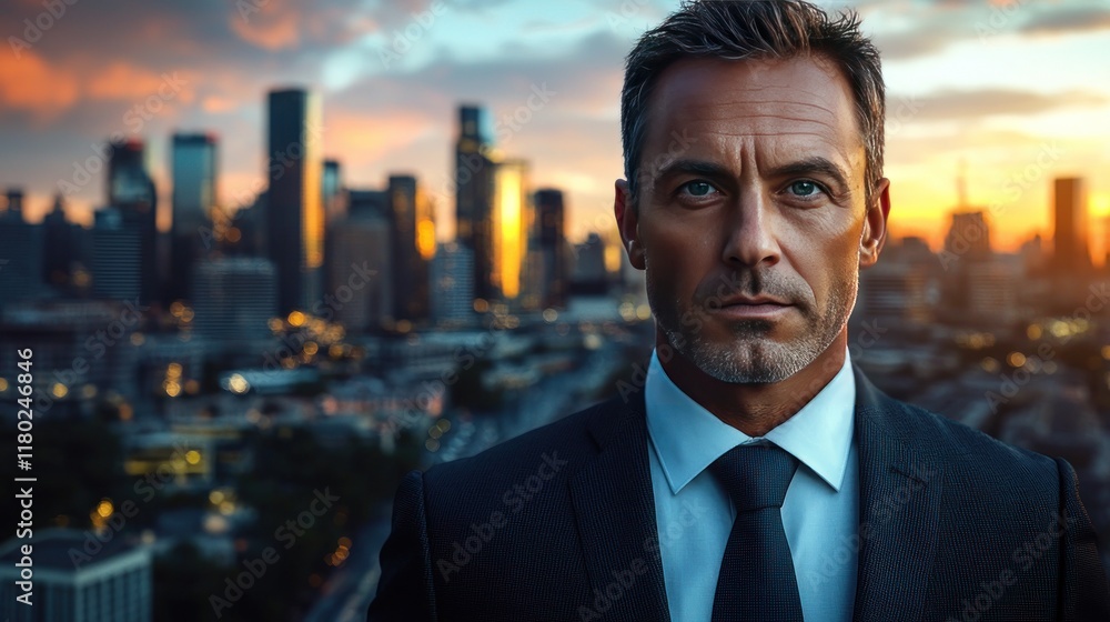 A confident businessman stands against a city skyline at sunset, exuding professionalism. A confident businessman stands against a city skyline at sunset, exuding professionalism.