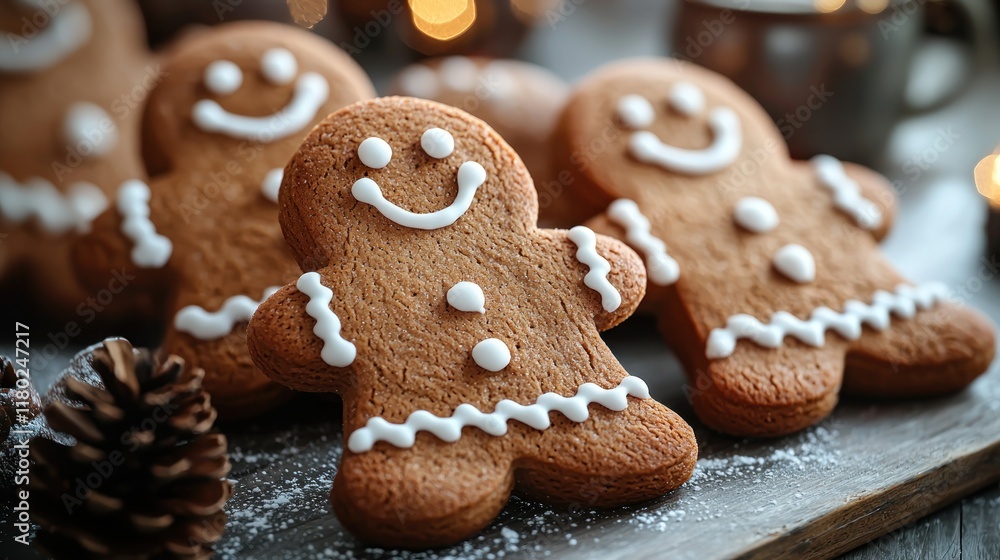Gingerbread cookies decorated with icing, set in a cozy holiday atmosphere. Gingerbread cookies decorated with icing, set in a cozy holiday atmosphere.