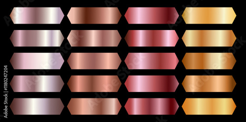 Gradation. Texture chrome. Set of metal gradients, gold, bronze, copper, silver, white gold, rose gold. Palette. Aluminum. Collection foil. Luxury effect. Background. Ribbon. 