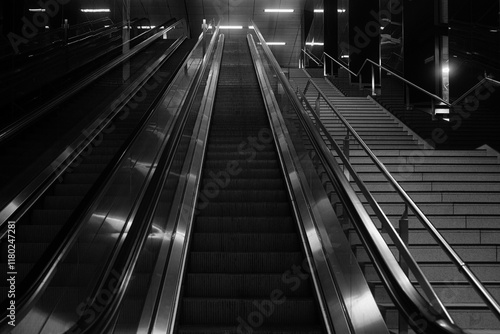 Treppe Rolltreppe zur U-Bahn in Düsseldorf in schwarz-weiß photo