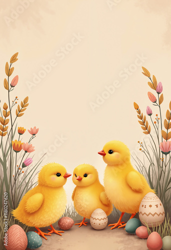 Three fluffy baby chicks in boho Easter design, surrounded by pampas grass and wildflowers in earthy tones, with pastel tribal-patterned eggs on a warm sandy beige background.