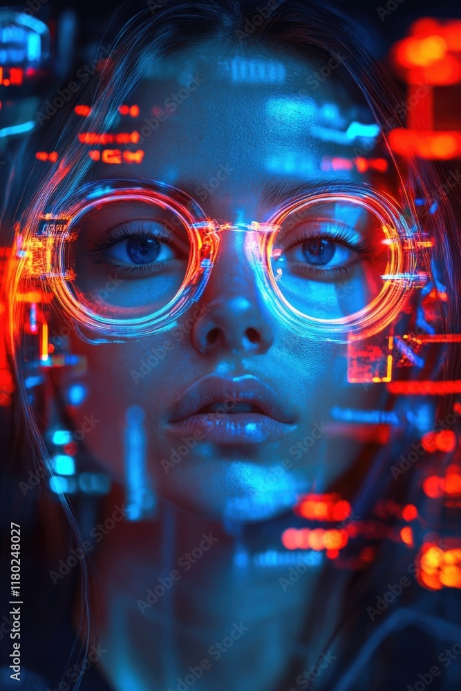 Woman with glowing glasses Woman with glowing glasses