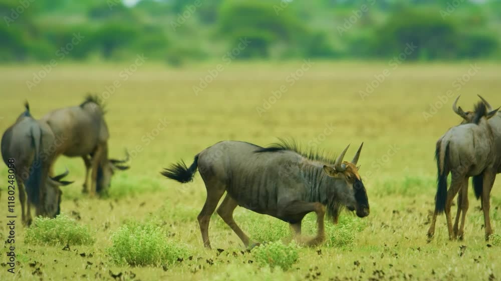 A Blue wildebeest (Connochaetes taurinus) Stretching his body on ground in Kruger national park South Africa. A Blue wildebeest (Connochaetes taurinus) Stretching his body on ground in Kruger national park South Africa.