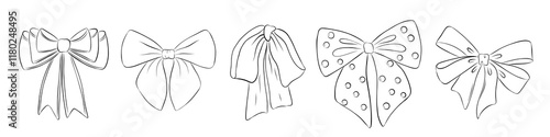 Set of bows in retro style. Doodle outline bow. Design elegant elements	