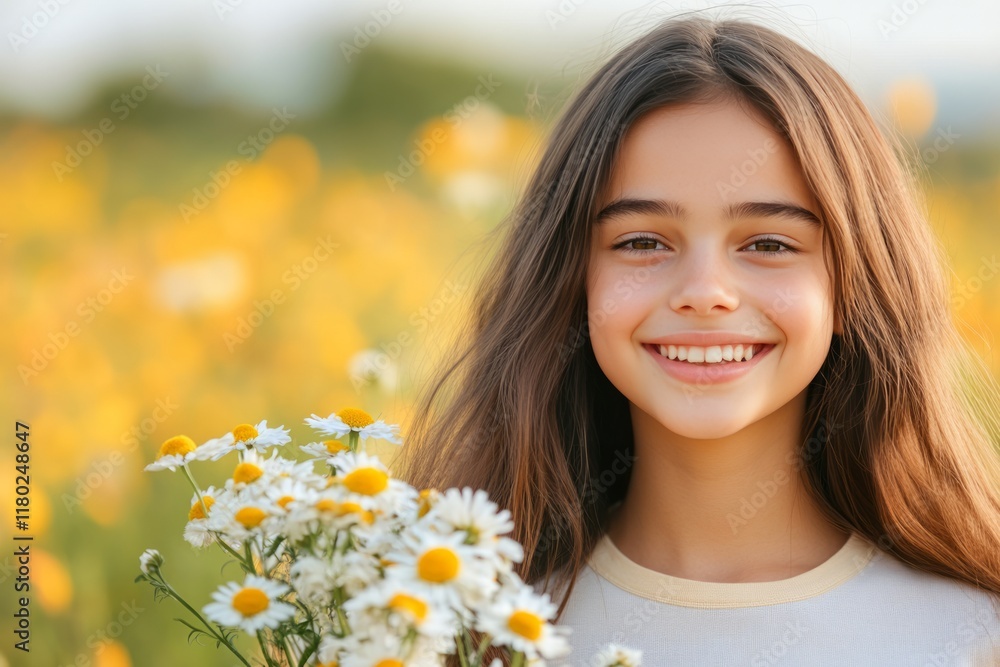 Cheerful girl with long brown hair holding freshly picked daisies, standing amid golden wildflowers during sunny summer afternoon Cheerful girl with long brown hair holding freshly picked daisies, standing amid golden wildflowers during sunny summer afternoon
