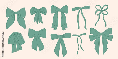 Set of bow in vintage style. Doodle hairpin. Design elegant green elements