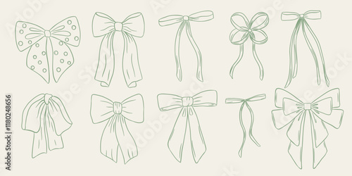 Set of bow in retro style. Doodle outline bow. Design elegant green elements.