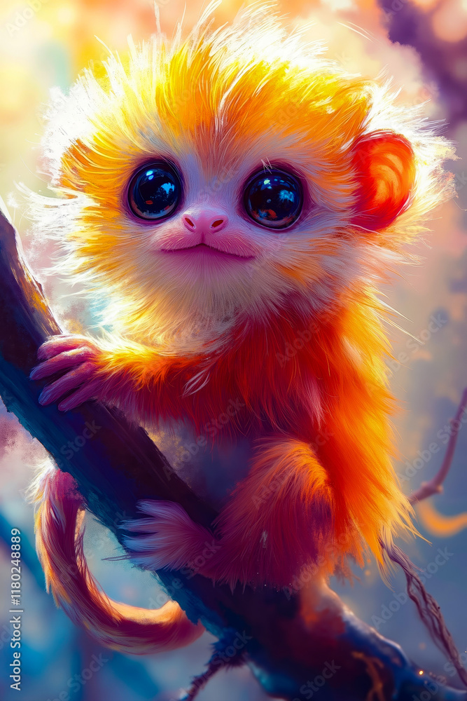Naklejka premium A small orange monkey sitting on a tree branch