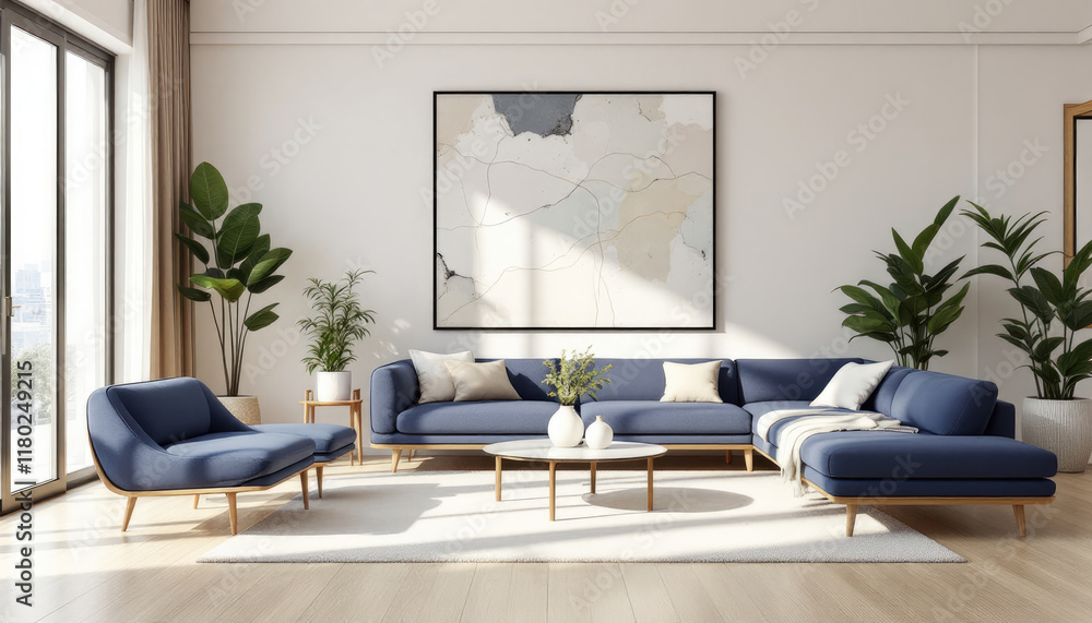 Modern japandi living room with a large abstract painting on the wall, a blue sofa, a blue armchair, and a coffee table with decorative items. Modern japandi living room with a large abstract painting on the wall, a blue sofa, a blue armchair, and a coffee table with decorative items.