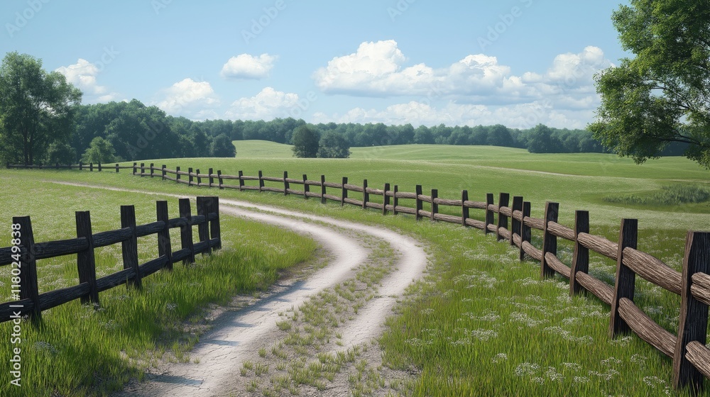 Weathered wooden fence alongside a winding dirt path in a rural landscape on a sunny day. Generative AI Weathered wooden fence alongside a winding dirt path in a rural landscape on a sunny day. Generative AI