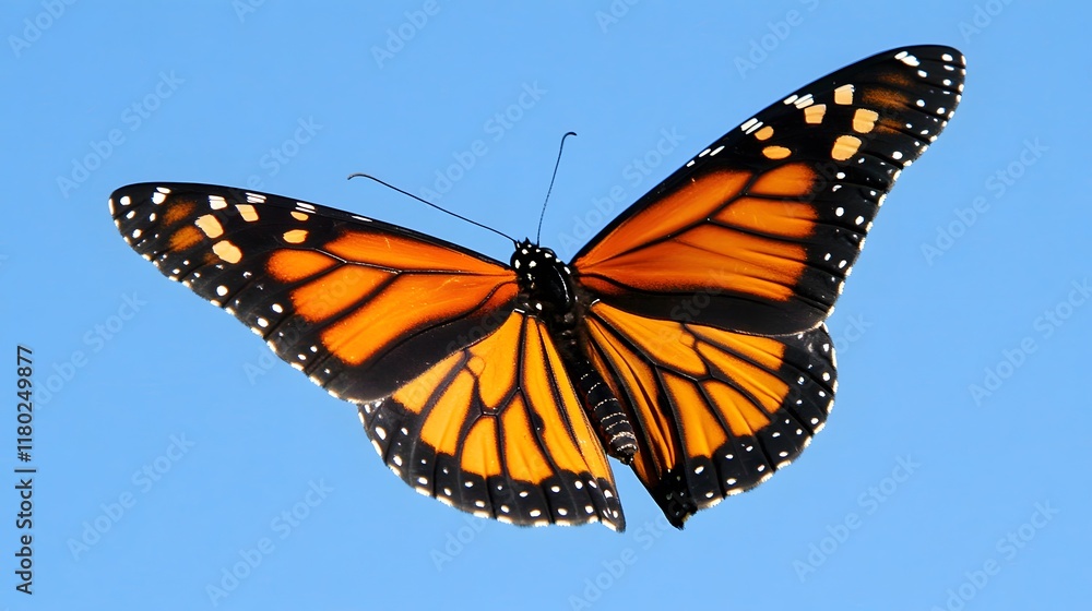 Fototapeta premium Dynamic Macro View of a Monarch Butterfly in Flight with Orange and Black Wings Set Against a Beautiful Blue Sky
