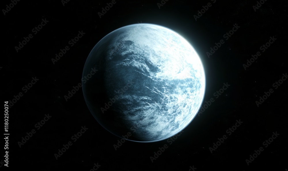 Fototapeta premium Blue and white planet with a bright light shining on it. The light is coming from the sun and the planet is in the middle of the night