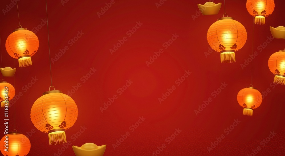 Red Lantern Festive Background: A backdrop of vibrant red with glowing lanterns and gold ingots, perfect for celebrating the Lunar New Year or other festive occasions. Red Lantern Festive Background: A backdrop of vibrant red with glowing lanterns and gold ingots, perfect for celebrating the Lunar New Year or other festive occasions.