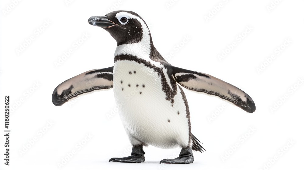 Fototapeta premium Adorable Humboldt penguin chick standing with wings outstretched against a white background.