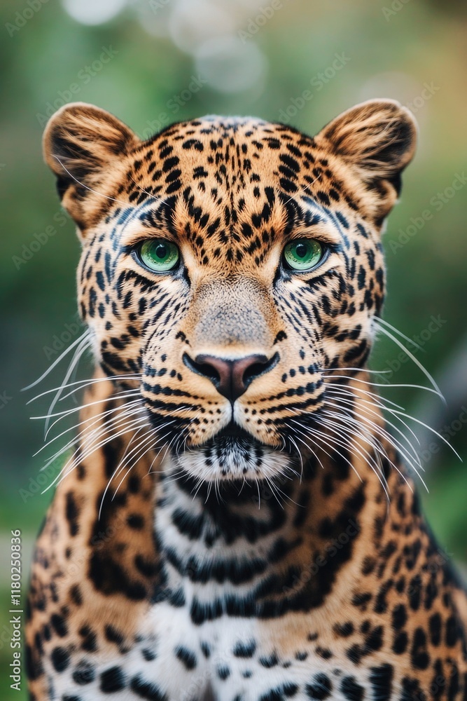Fototapeta premium A close-up view of a leopard's face with bright green eyes