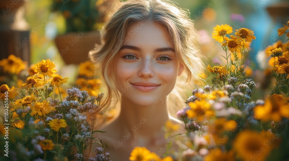 Smiling woman surrounded by sunflowers Smiling woman surrounded by sunflowers