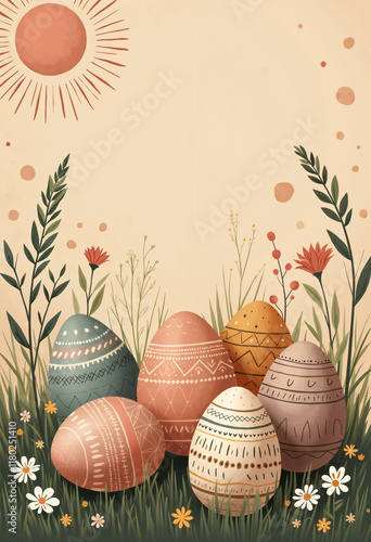 Serene boho Easter artwork with tribal-patterned eggs, pampas grass, and wildflowers on a grassy field, complemented by a warm sandy beige background for a festive, earthy vibe.