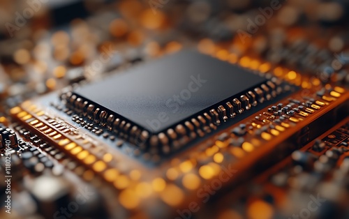 Close-up of a microprocessor on a circuit board. photo