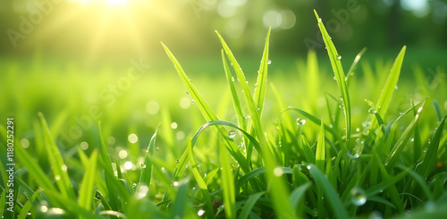 Green fresh spring grass in transparent drops of dew. Close-up. Panorama. Spring freshness. Meadow grasses, cereals. Background, wallpaper, postcard, post in networks, banner