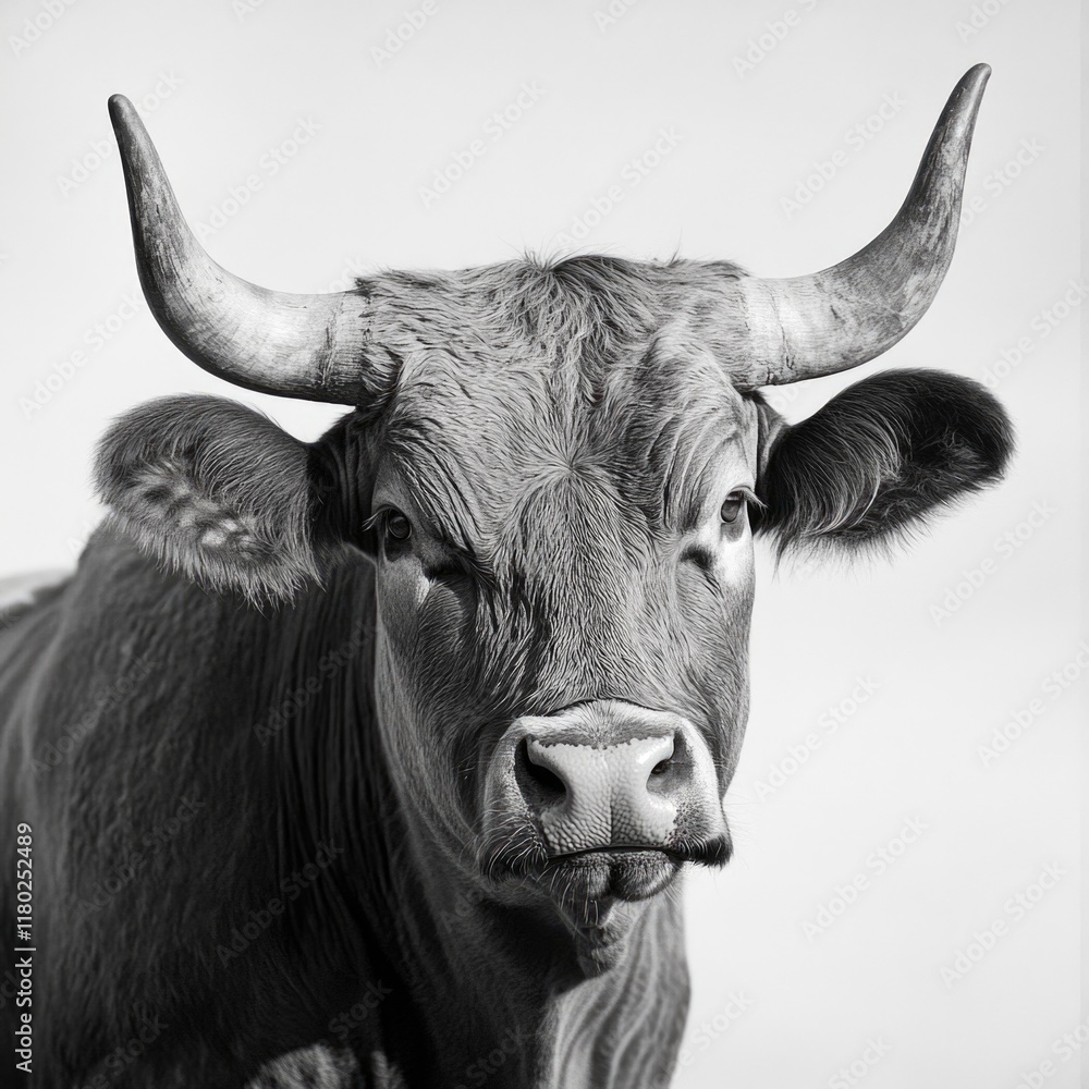 Naklejka premium A close-up shot of a cow's head in monochrome