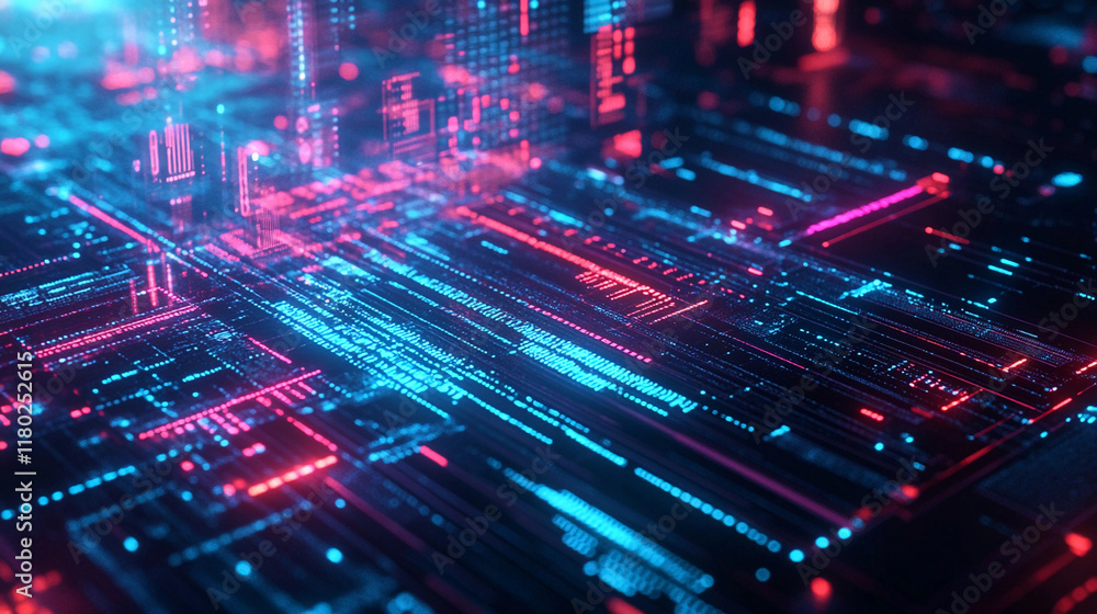 Fototapeta premium Exploring a neon-lit digital landscape with complex patterns via generative AI