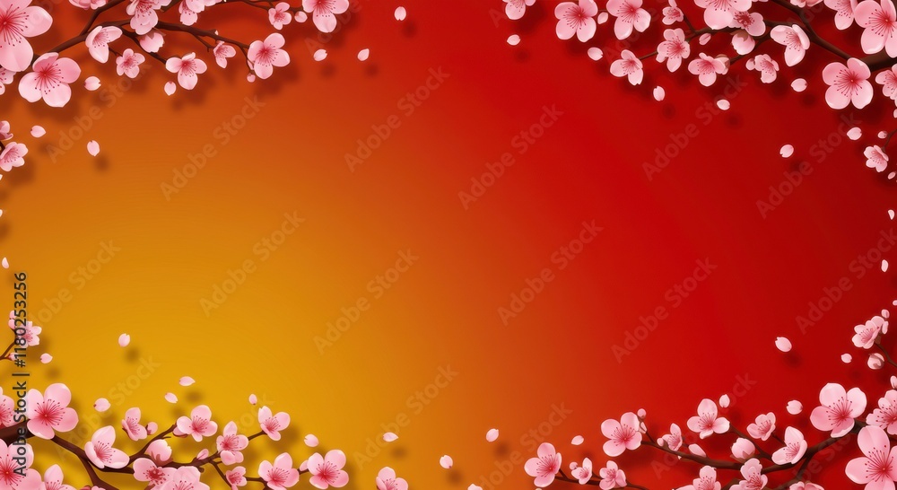 Cherry Blossom Springtime: A vibrant and delicate composition of cherry blossom branches with scattered petals, creating a beautiful frame against a radiant orange and red gradient background. Cherry Blossom Springtime: A vibrant and delicate composition of cherry blossom branches with scattered petals, creating a beautiful frame against a radiant orange and red gradient background.