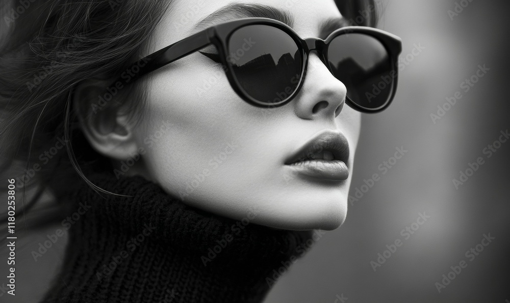 Black and White Fashion Portrait of Woman Wearing Sunglasses Black and White Fashion Portrait of Woman Wearing Sunglasses