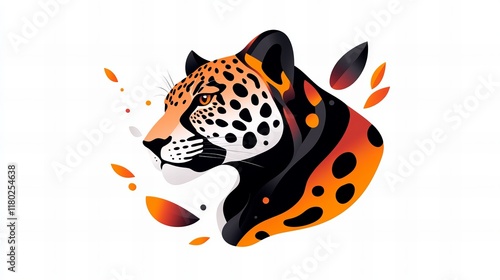 Majestic jaguar portrait.  Orange, black, and white abstract art style. Wild feline illustration.