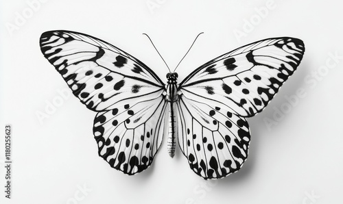 Butterfly with black and white wings is shown in a close up. The butterfly is resting on a white background