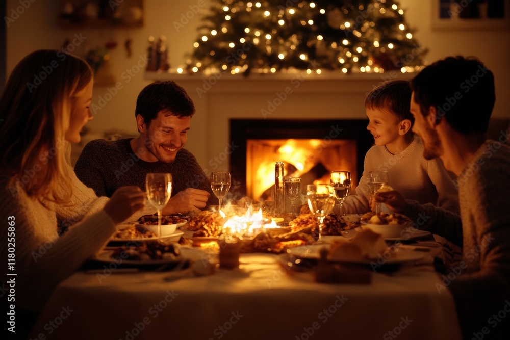 Family members enjoy a delightful dinner by a blazing fireplace, surrounded by delicious food and festive decorations. The atmosphere is warm and cheerful, perfect for bonding Family members enjoy a delightful dinner by a blazing fireplace, surrounded by delicious food and festive decorations. The atmosphere is warm and cheerful, perfect for bonding