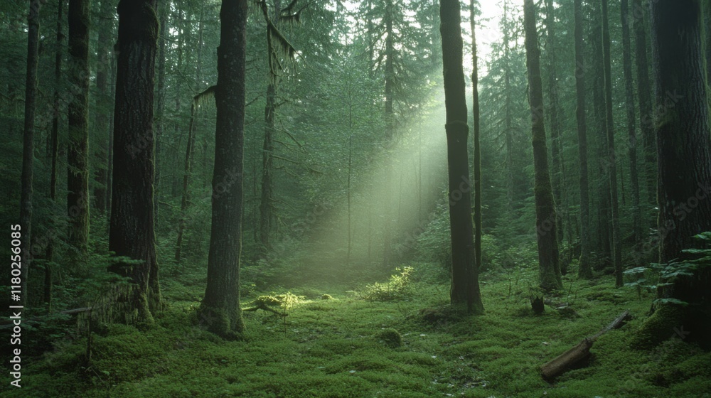 Obraz premium Sunlight filters through a dense, moss-covered forest, casting a magical glow on the lush greenery below, inviting exploration and serenity.