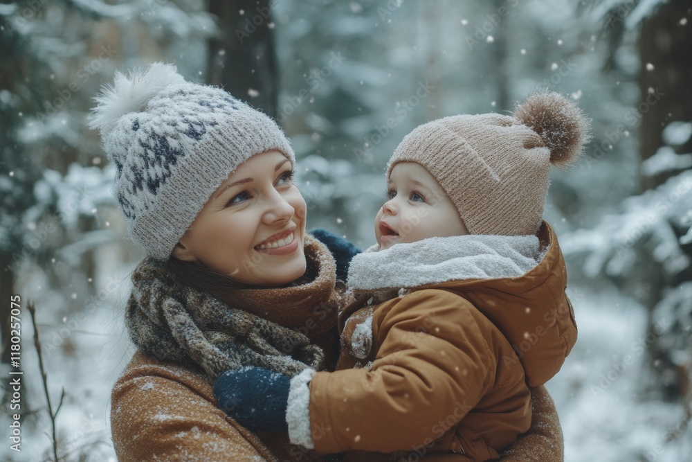 A cheerful mother holds her child in the snow-covered forest, both dressed warmly for winter. The atmosphere is magical with falling snowflakes and a joyful mood A cheerful mother holds her child in the snow-covered forest, both dressed warmly for winter. The atmosphere is magical with falling snowflakes and a joyful mood