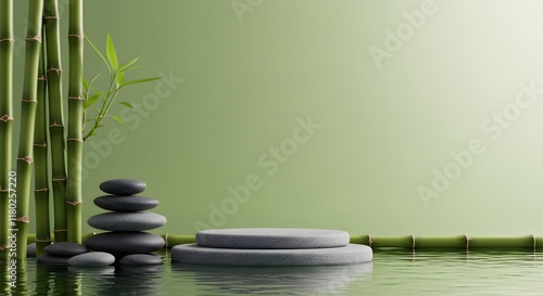 Zen bamboo platform with stone and water ripple for spa and natural wellness relaxation theme, Perfect for wellness marketing, spa visual, or mindfulness themed design photo