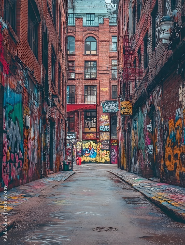 Fototapeta premium A photo of a graffiti-covered alleyway with colorful spray-painted walls.