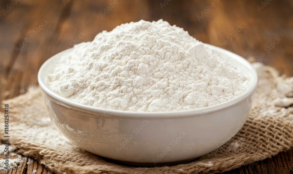 Close up of white flour in a mixing bowl, ready for baking. Close up of white flour in a mixing bowl, ready for baking.